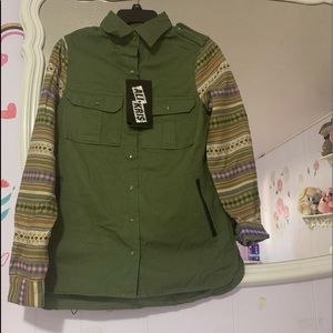 NWT  Ali & Kris Twill Jacket Long Sleeve Heavy Khaki Contrast Stripe Sleeves